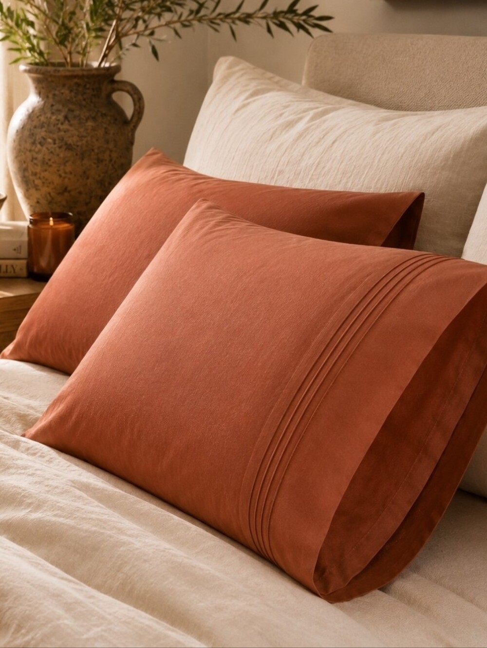 NOS Canopy Terra Cotta Egyptian Cotton Pillowcases 300 TC Standard Queen Pair